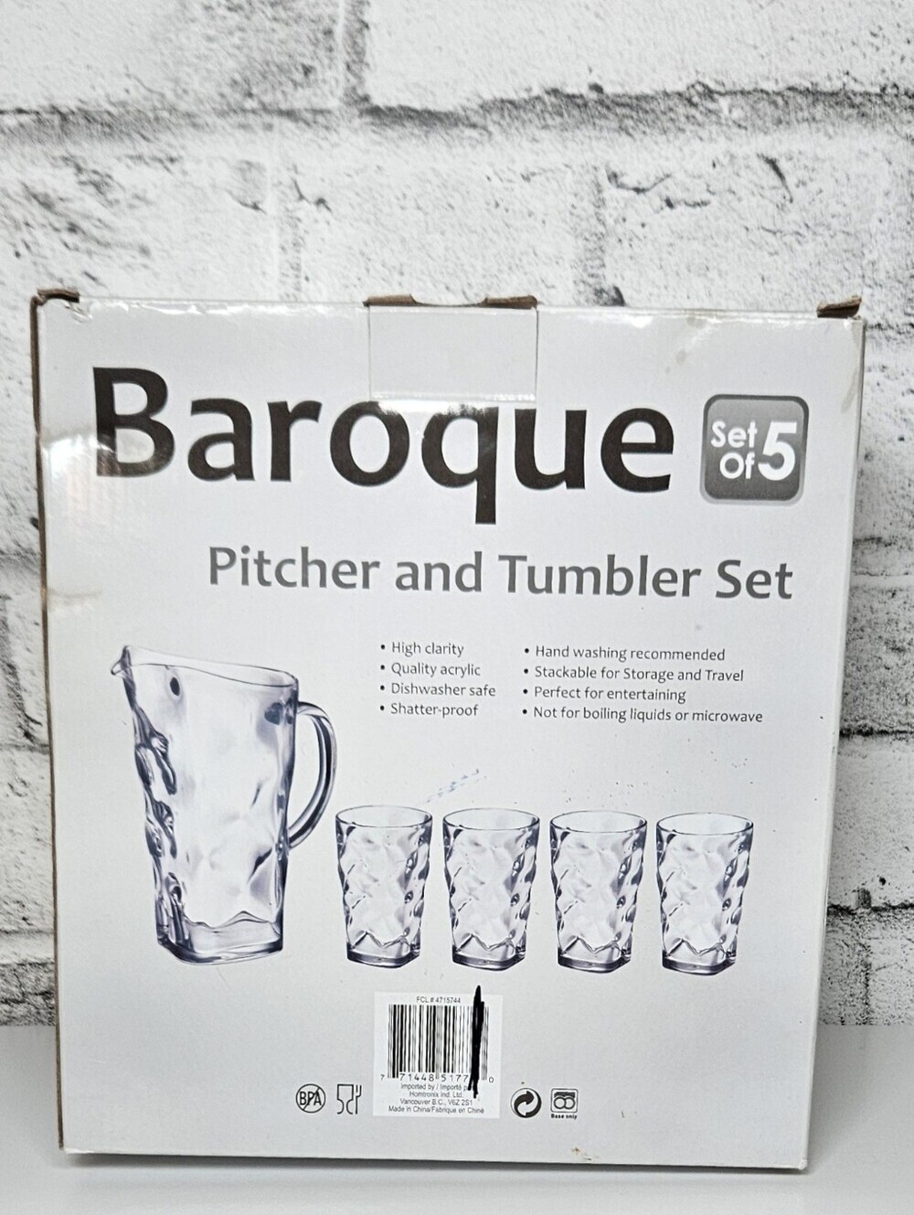 Baroque Acrylic Pitcher and Tumbler Set 5 Piece Outdoor Drinkware NIB